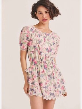 LoveShackFancy Mavis Tiered Mini Cotton Dress in Veiled Kiss Floral Pink - L